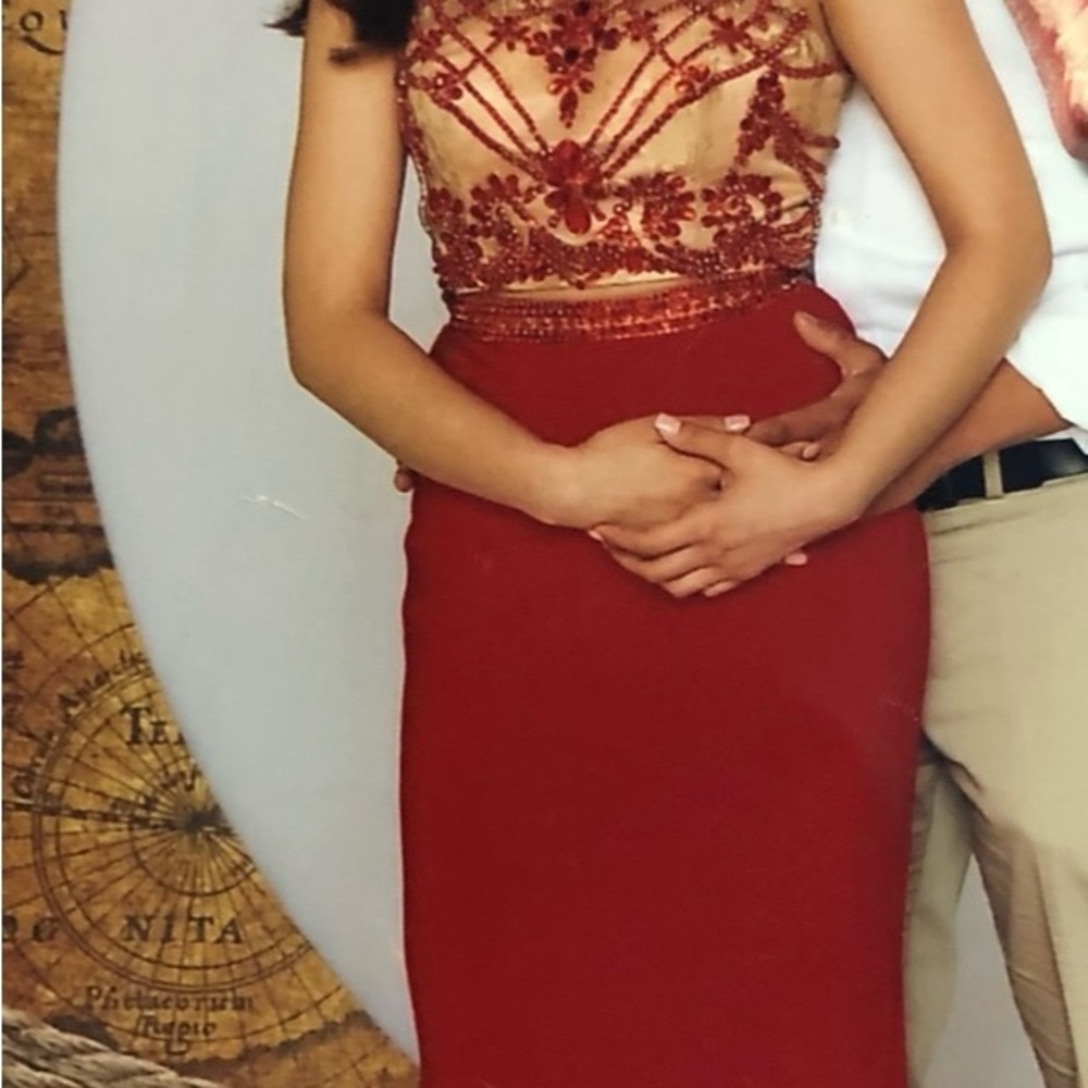 Sherri Hill Red and Gold Embellished Prom Dress